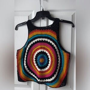 POOF! Black & Multicolor Crochet Open Knit Sweater Tank Size Small